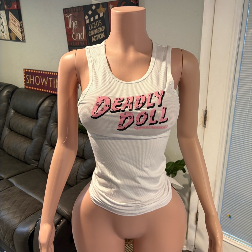 Chrome Hearts White Tank Top with Pink Graphic